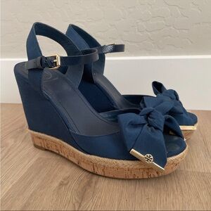 Pre Owned Tory Burch Navy Blue Bow Espadrille Wedge Sandals Sz 9